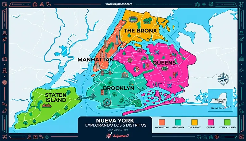 Mapa de los 5 distritos (boroughs) de Nueva York: Manhattan, Brooklyn, The Bronx, Queens y Staten Island