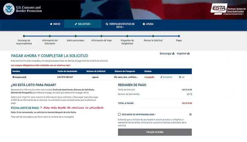Octavo paso del Formulario ESTA de entrada a USA