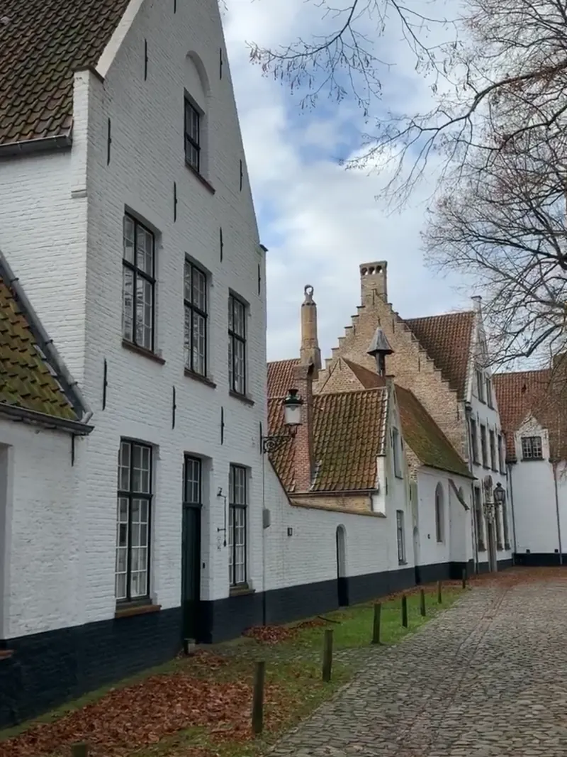 Casitas blancas del Beguinaje (Begijnhof) de Brujas, con el suelo empedrado cubierto de hojas