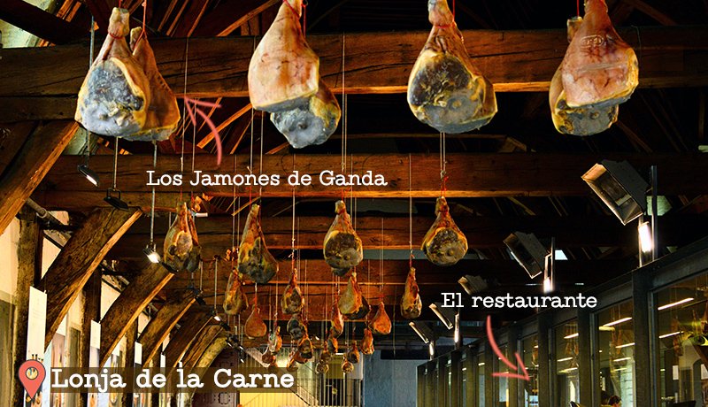 Interior de la Lonja de la Carne de Gante (Groot Vleeshuis) con jamones colgando.