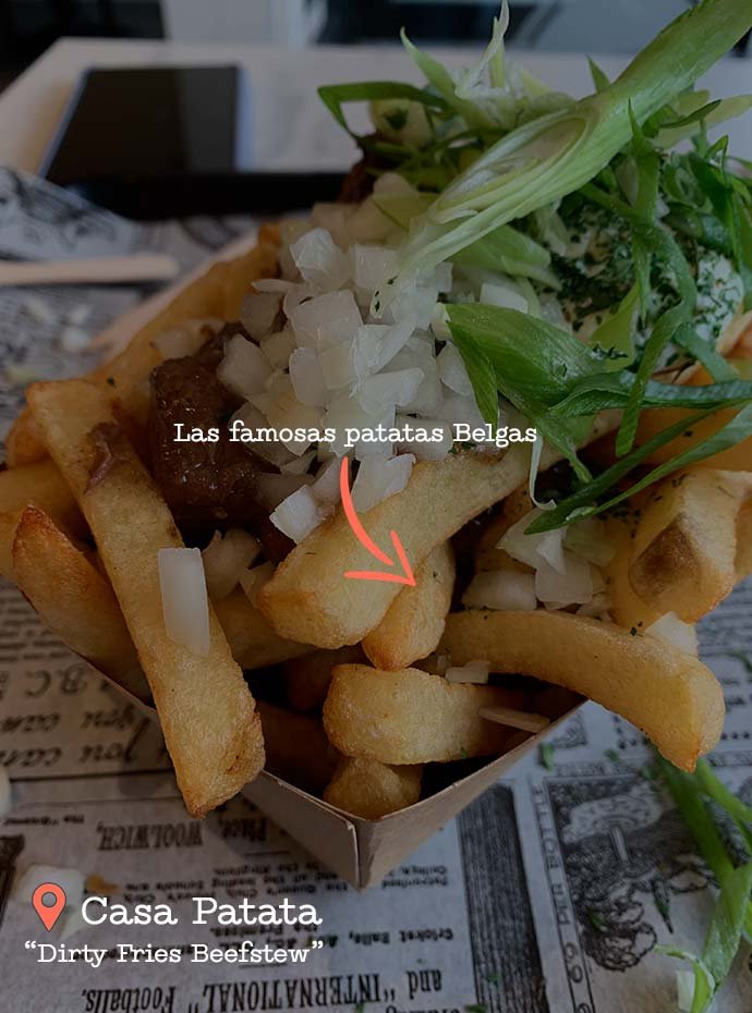 Plato de Patatas Fritas con estofado belga servido en Brujas.