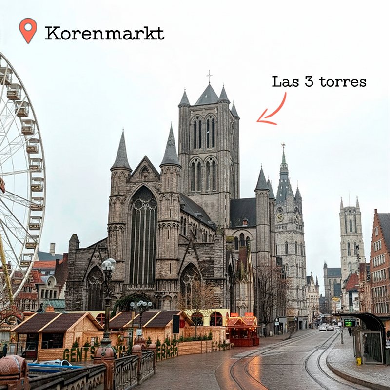 Vista de las tres torres de Gante desde la parada del tranvía en Korenmarkt.