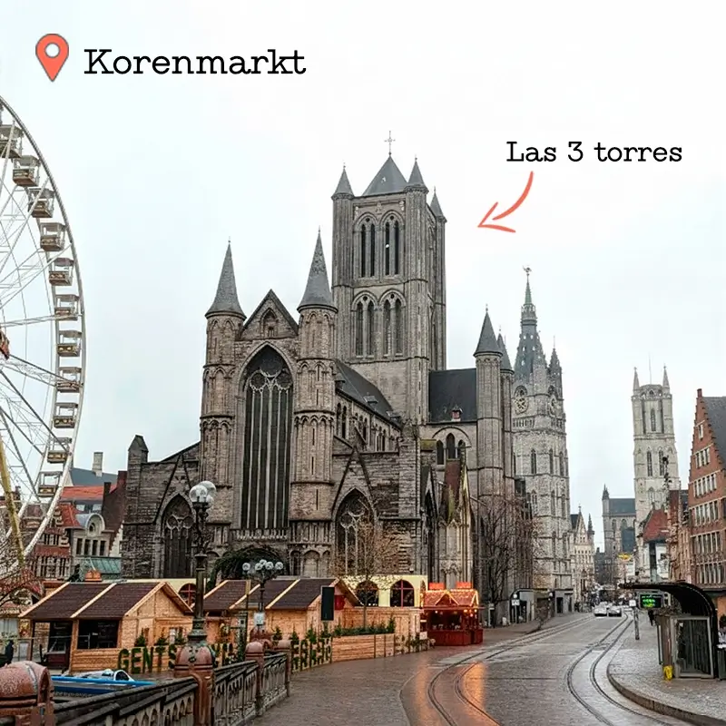 Vista de las torres de Gante desde la parada del tranvía de Korenmarkt