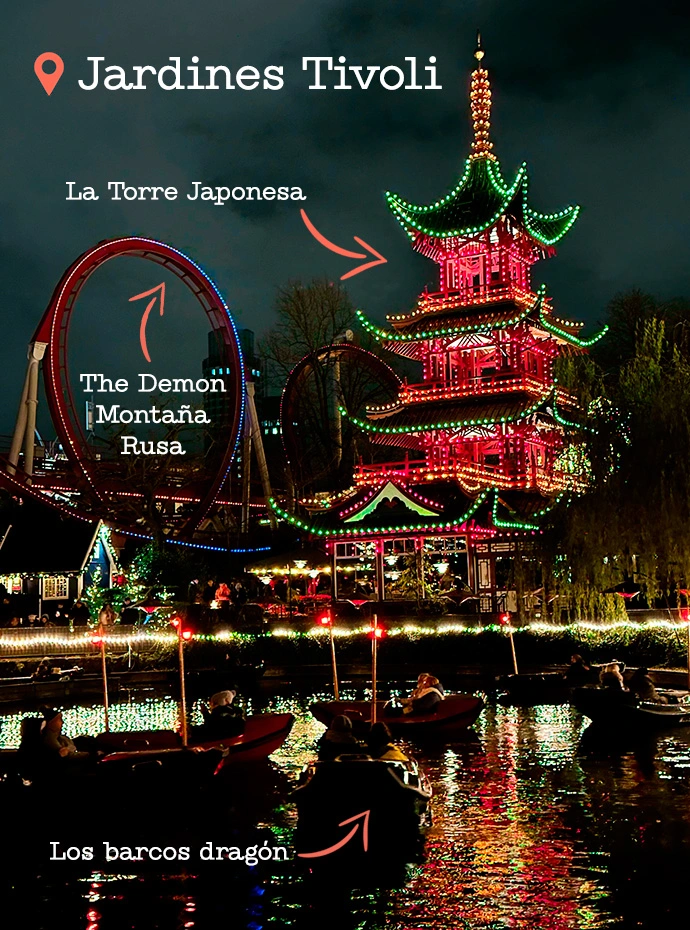 Jardines Tivoli en Copenhague por la noche