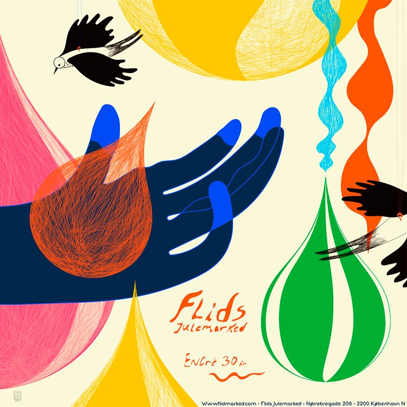 Cartel colorido del Flids Julemarked en Nørrebrohallen, Copenhague, anunciando el mercado de diseño navideño.