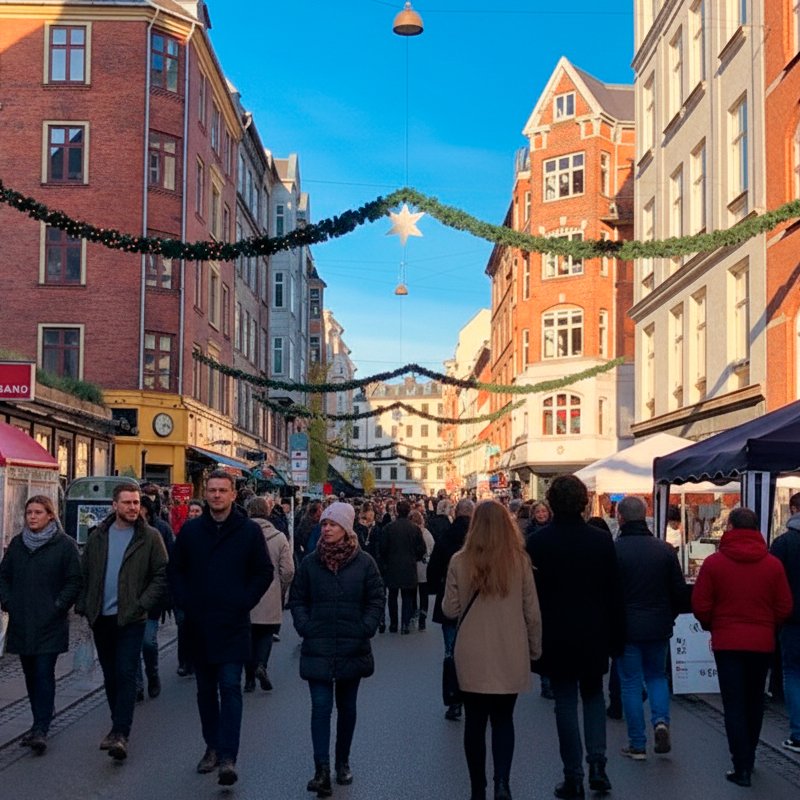 Mercado de Navidad en la calle Værnedamsvej de Copenhague, conocida como la pequeña París.