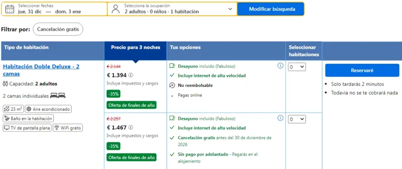 Habitación doble con desayuno en Madrid en Nochevieja con la Oferta de finales de año, descuento del 35% y precio de 1.394 euros en lugar de 2.144