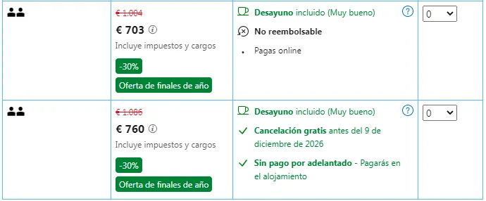 La misma habitación con desayuno y la Oferta de finales de año: 703 euros no reembolsable y 760 euros con cancelación gratuita