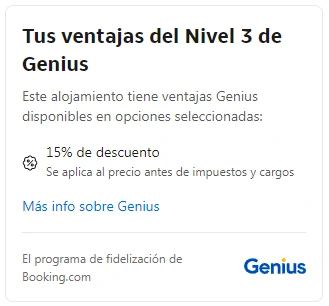 Cuadro Tus ventajas del Nivel 3 de Genius en la ficha de un apartamento de Copenhague con un 15% de descuento antes de impuestos y cargos