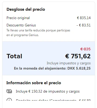 Desglose de Booking con precio original de 835,14 euros, descuento Genius de 83,51 euros y total de 751,62 euros