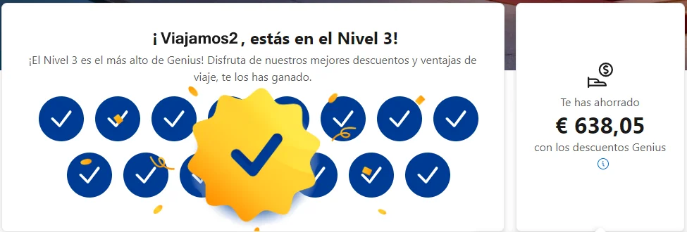 Página de Genius de Booking con el mensaje de nivel 3 y 638,05 euros ahorrados con los descuentos Genius en los últimos 2 años