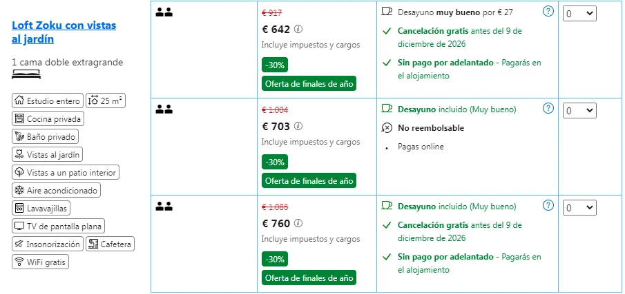 Opción de un hotel de Copenhague con la etiqueta verde Oferta de finales de año, descuento del 30% y precio de 642 euros en lugar de 917