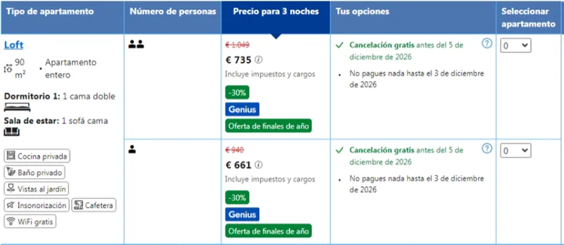 Opciones de apartamento en Copenhague con las etiquetas Genius y Oferta de finales de año a la vez, descuento del 30% y precio de 735 euros en lugar de 1.049