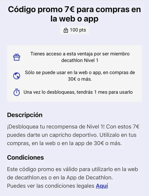 Ventaja de Decathlon Member: código promo de 7 € para compras de 30 € o más en la web o la app, que se desbloquea con 100 puntos y dura 1 mes