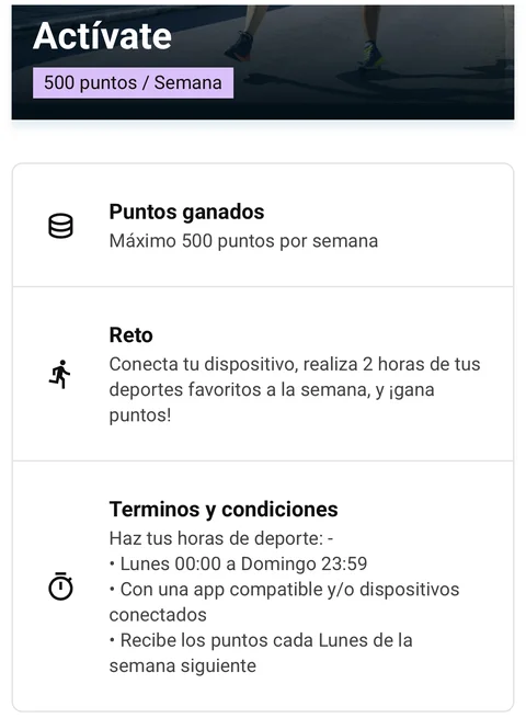 Condiciones de Decathlon Member para ganar 500 puntos a la semana: 2 horas de deporte con una app o dispositivo conectado, de lunes a domingo