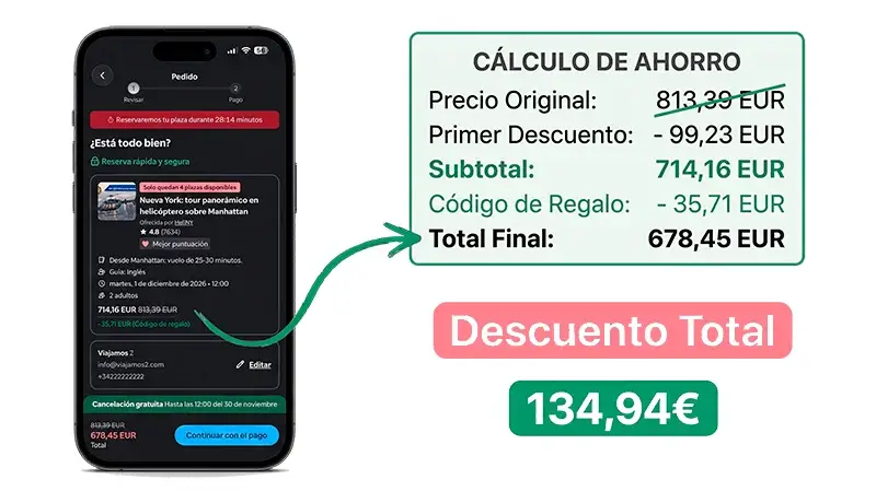 Pantalla de pago de la app de GetYourGuide con el tour en helicóptero por Nueva York en oferta a 714,16 euros y el código VIAJAMOS25 restando 35,71 euros: total de 678,45 euros