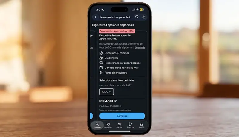 Ficha de la actividad en la app de GetYourGuide con fecha, hora, precio para 2 adultos, reservar ahora y pagar después y cancelación gratuita