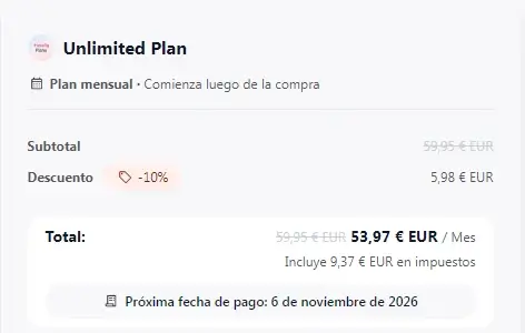 Checkout de Holafly Plans con VIAJAMOSDOS aplicado: Plan Unlimited mensual de 59,95 € a 53,97 € con un 10% de descuento