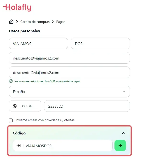 Checkout de la web de Holafly con el apartado Código desplegado y VIAJAMOSDOS escrito, listo para aplicar