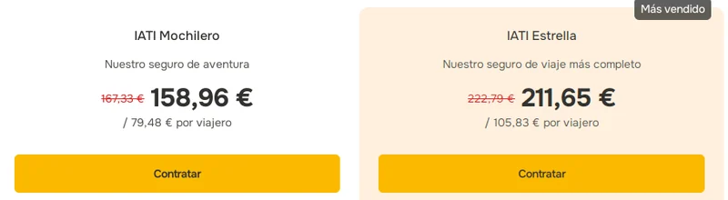 Resultados de IATI con el precio original tachado: Mochilero de 167,33 a 158,96 euros y Estrella de 222,79 a 211,65 euros para dos personas