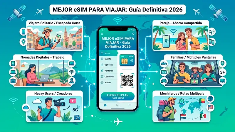 Diferentes perfiles de viajeros planificando su conexión a internet en el extranjero