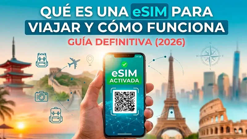 Esquema visual de qué es una eSIM y cómo funciona en un móvil al viajar