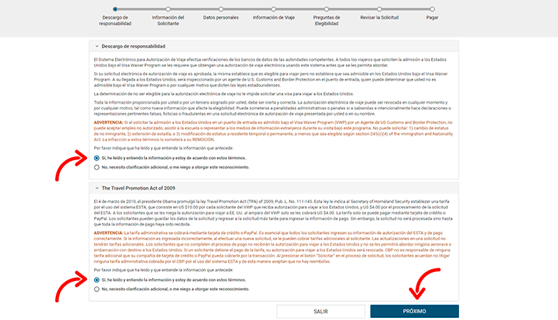 Segundo paso Formulario ESTA de entrada a EEUU