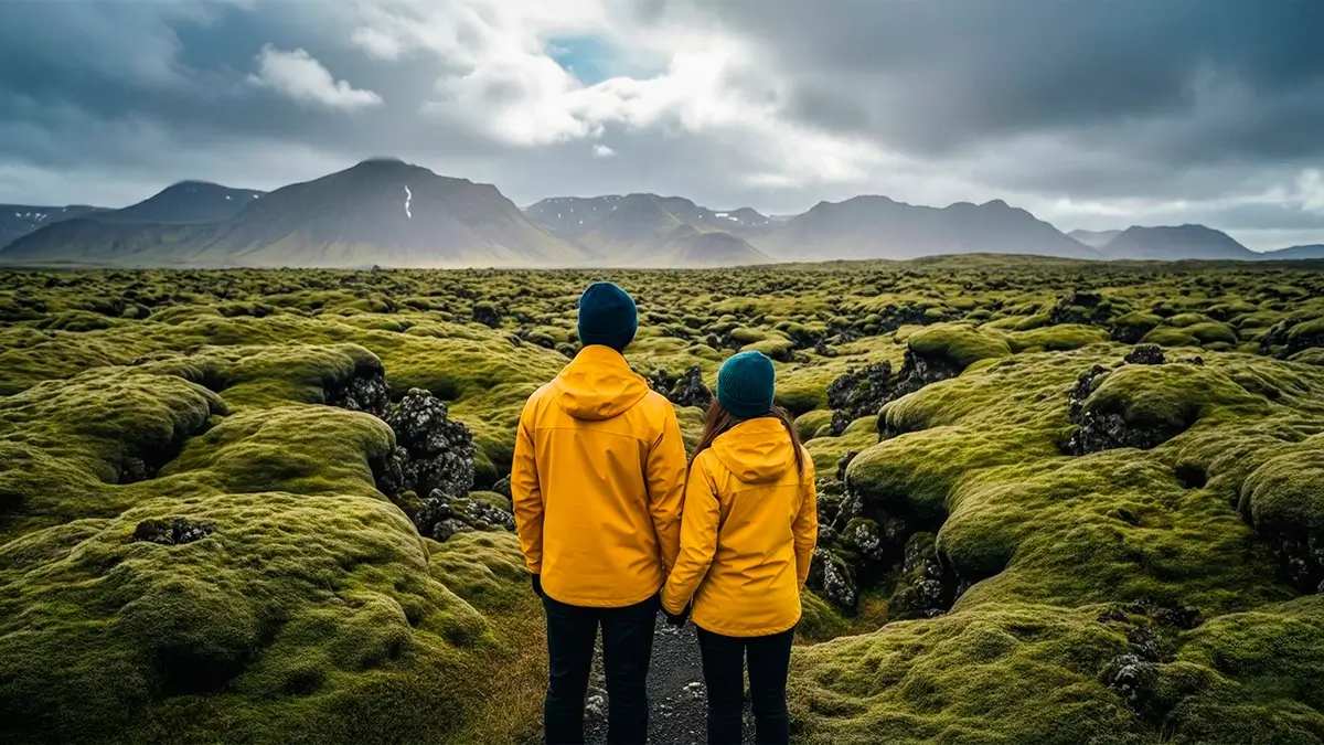 Paisaje de contrastes con roca volcánica negra y musgo verde en el campo de lava Berserkjahraun, Islandia