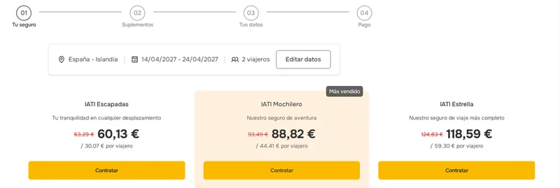 Captura de la cotización de IATI para España a Islandia del 14 al 24 de abril de 2027 con 2 viajeros y el 5% de descuento: IATI Escapadas 60,13 €, IATI Mochilero 88,82 € e IATI Estrella 118,59 €