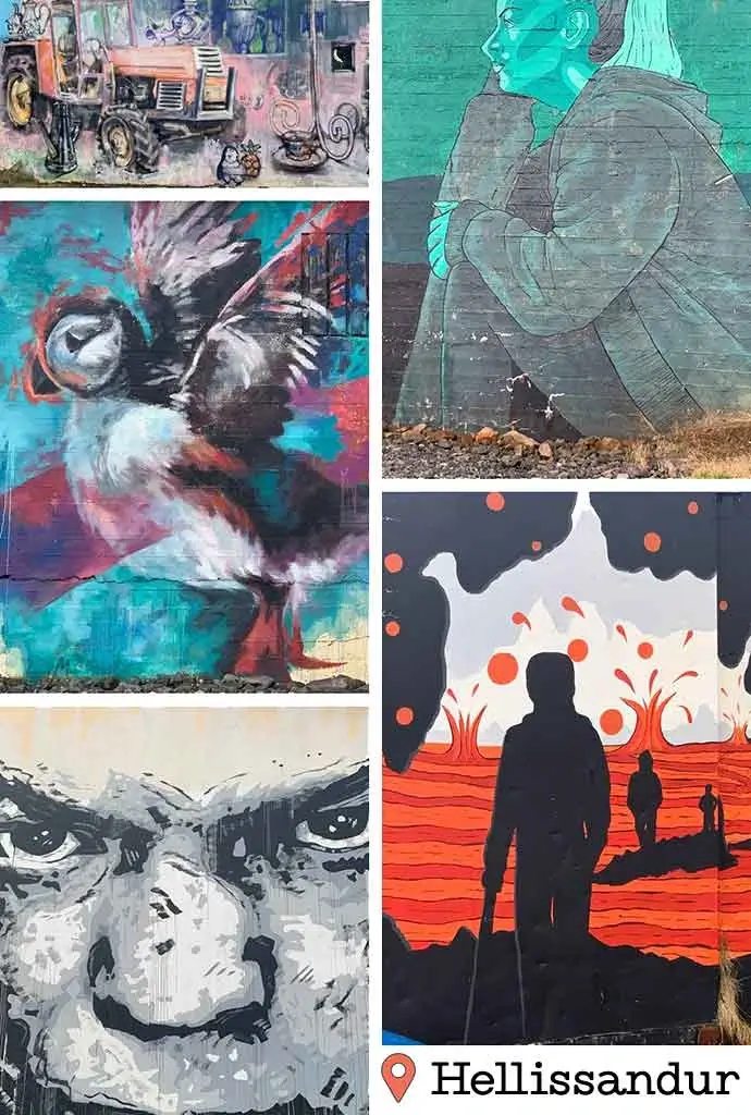 Collage de murales de arte urbano y street art en el pueblo de Hellissandur, Islandia