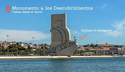 Monumento a los Descubrimientos de Belém visto desde el paseo junto al río en Lisboa