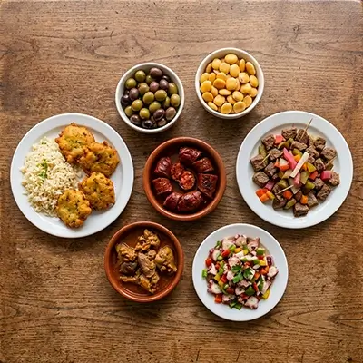 Variedad de petiscos portugueses para compartir: pataniscas, chorizo, pulpo y aceitunas