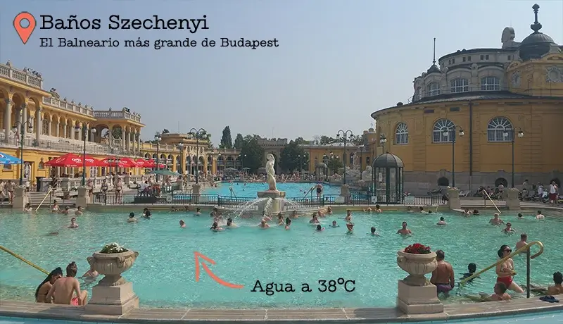 Las piscinas exteriores de los baños Széchenyi de Budapest, con el edificio neobarroco amarillo