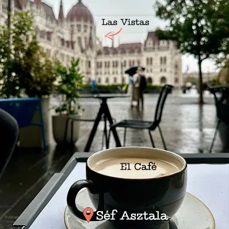 Terraza del café Séf Asztala de Budapest con vistas al Parlamento