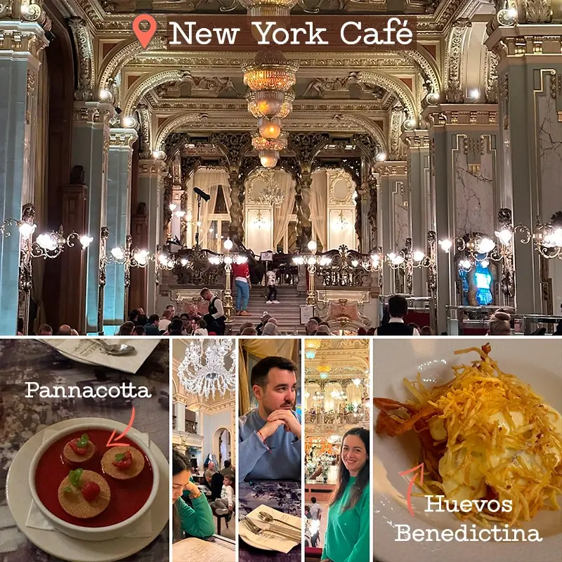 El interior del New York Café de Budapest, con techos dorados y lámparas