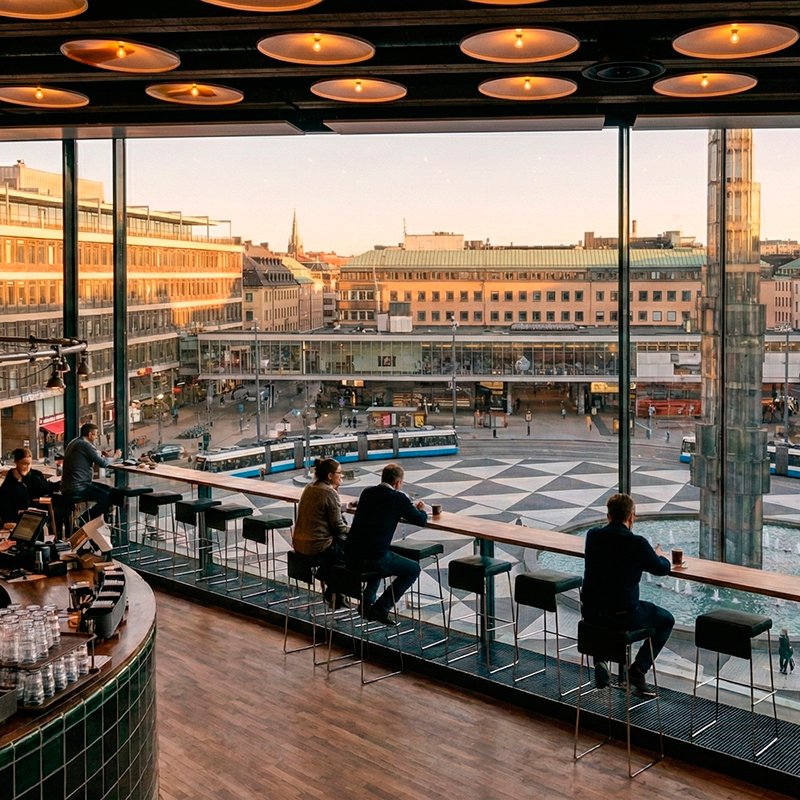 Vistas panorámicas de la plaza Sergels Torg desde la cafetería Kulturhuset