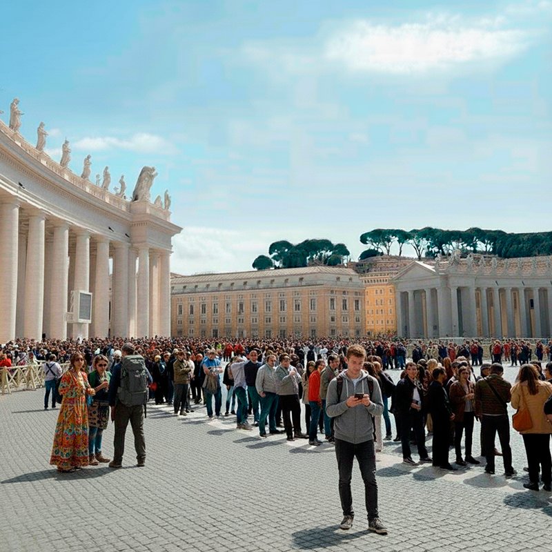 Fila enorme en la Plaza para entrar a San Pedro en el Vaticano, Roma.