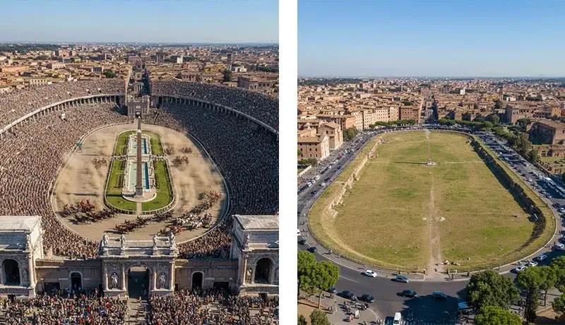 Recreacion del Circo Massimo en la época Romana y en la actualidad