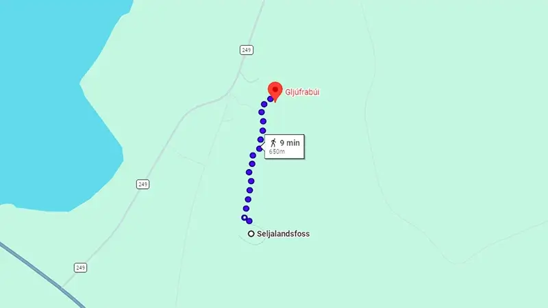 Mapa de la ruta a pie entre las cascadas Seljalandsfoss y Gljúfrafoss en Islandia
